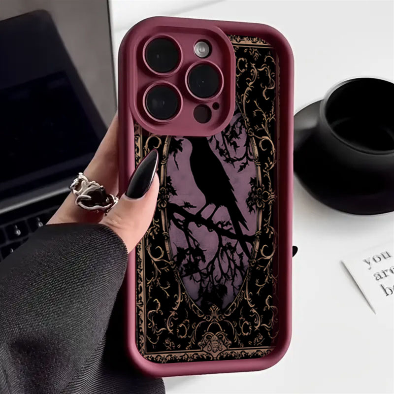 Phone Cases Aesthetic - Casing Ponsel Merah Anggur Pola Gagak