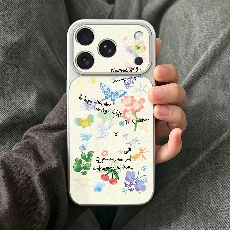 Phone Cases Leather - Casing Handphone Motif Krayon Doodle Kupu-kupu