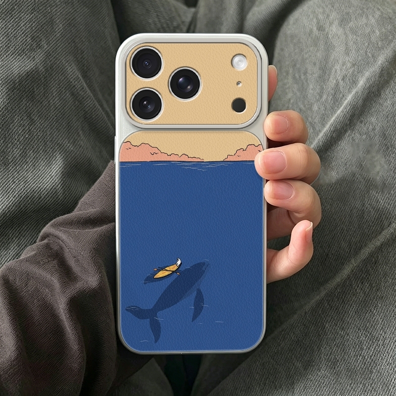 Phone Cases Leather - Casing Ponsel Canoe Blue Sea Whale